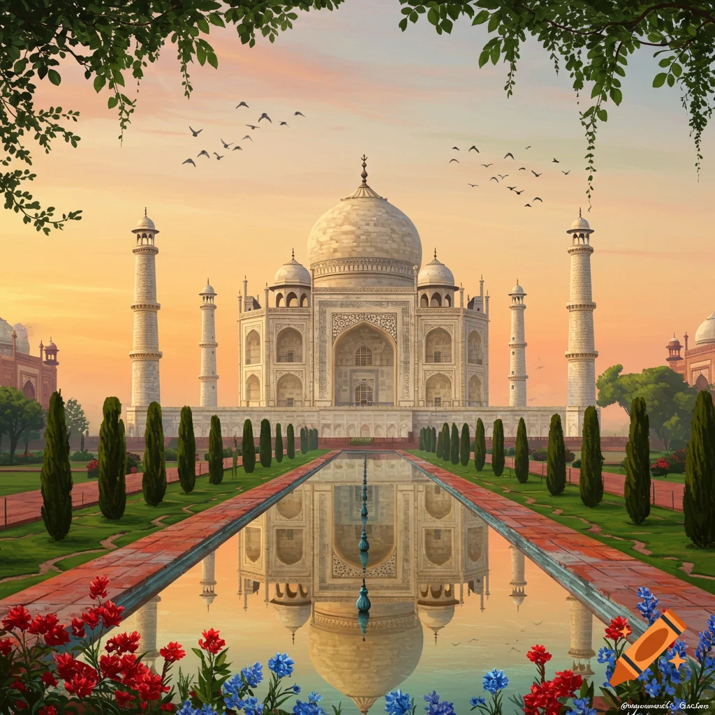 A stylized illustration of the Taj Mahal reflected in a long pool at sunset, framed by green foliage and red and blue flowers.