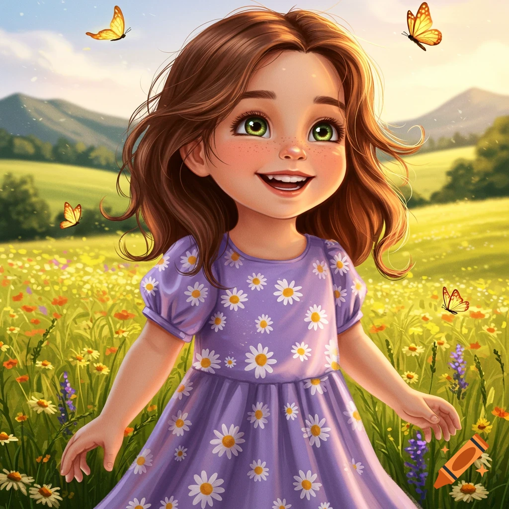 A cute cartoon girl with brown hair and green eyes smiles while standing in a field of colorful wildflowers with butterflies and mountains in the background.