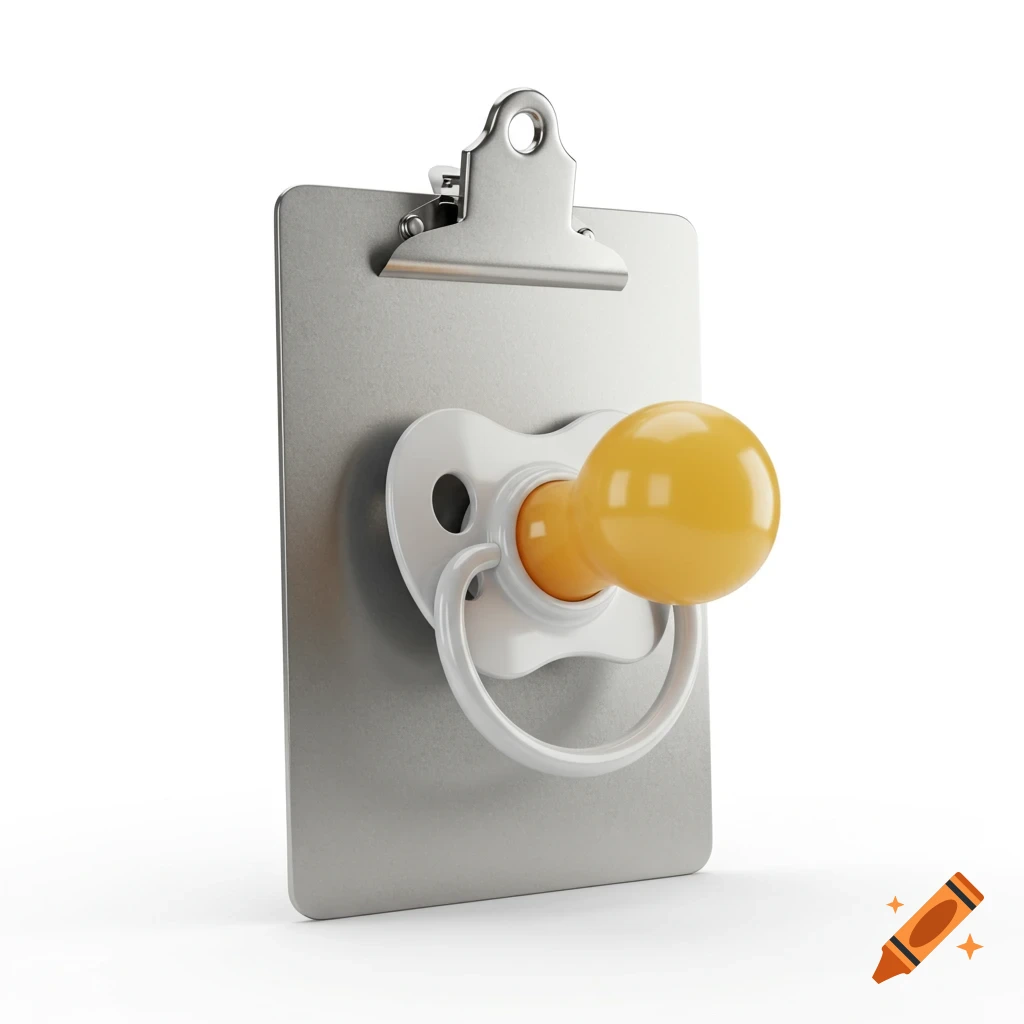 A 3D render of a hybrid object: a silver clipboard with a white and yellow pacifier protruding from its center, on a white background.