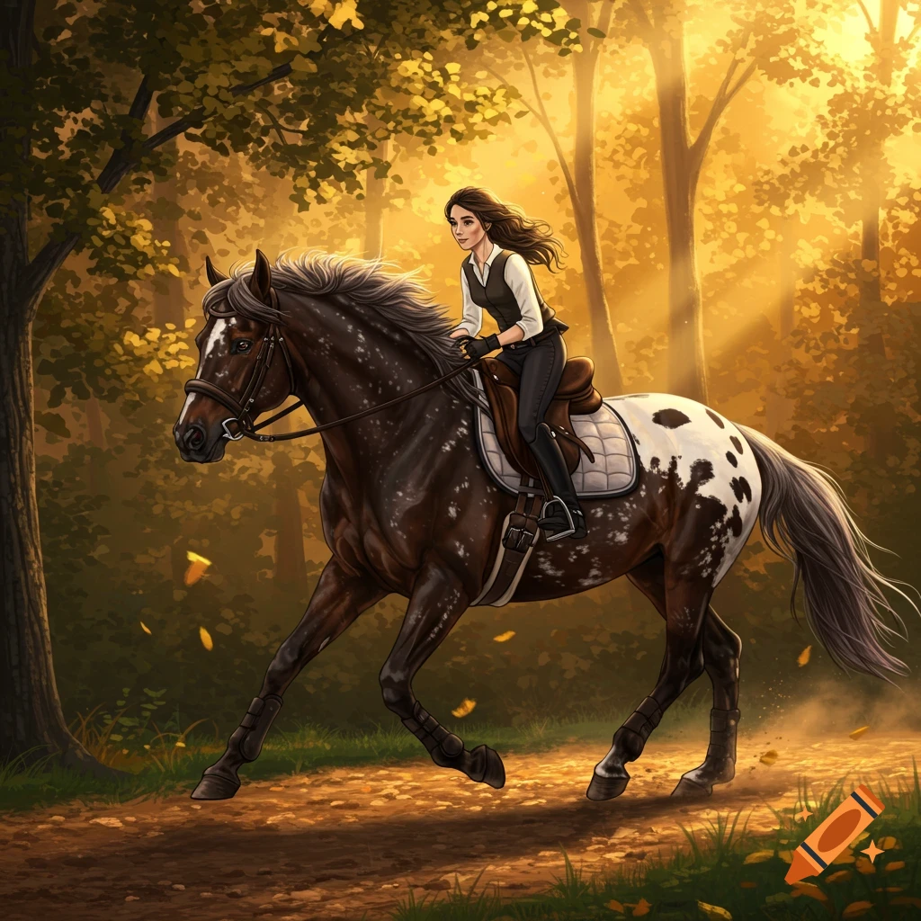 A girl rides a spotted appaloosa horse galloping through a sunlit autumn forest in an illustrated style.