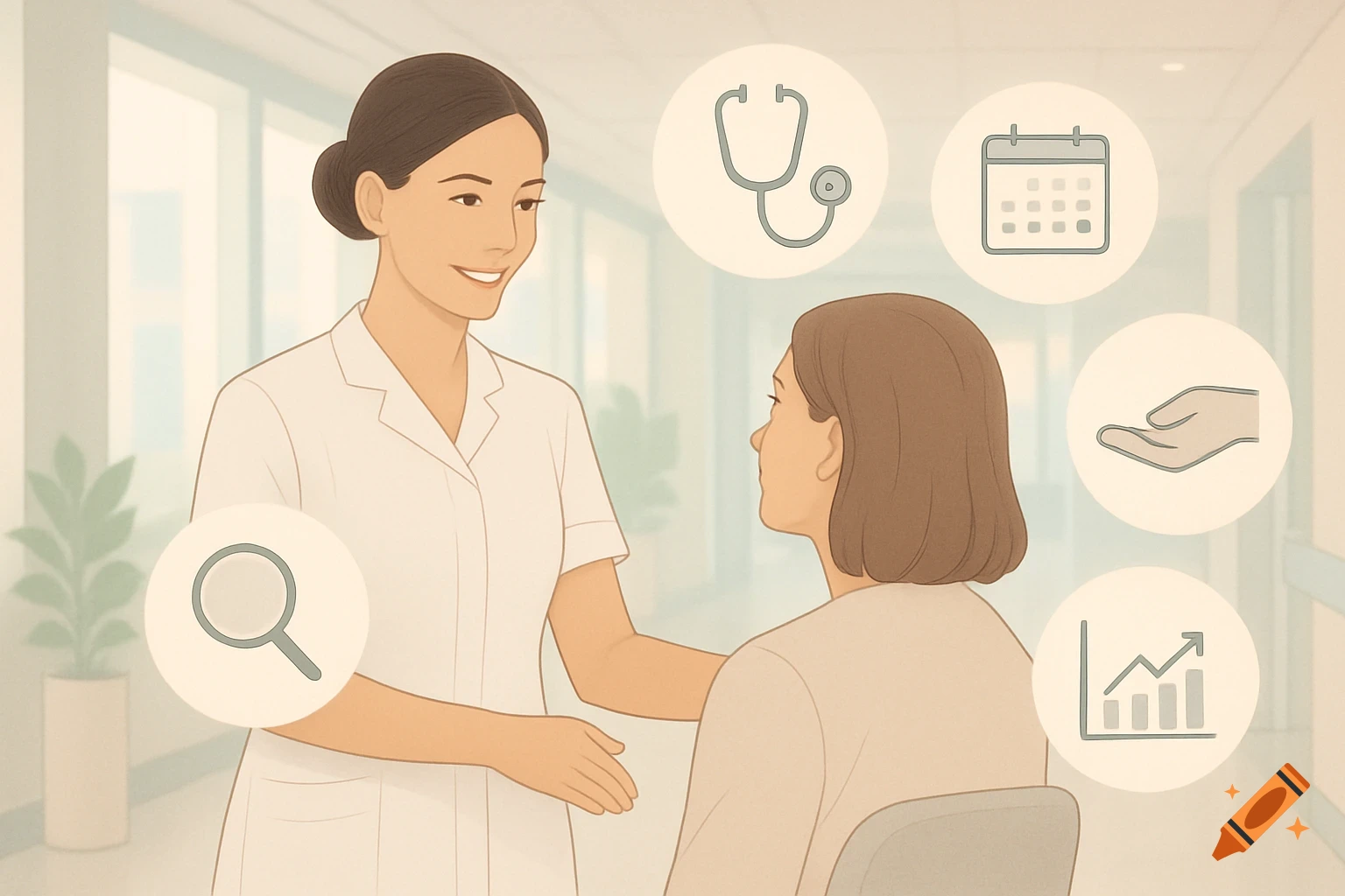 A smiling nurse in a white uniform talks to a patient in a hospital, surrounded by floating icons representing healthcare steps. Illustration style.