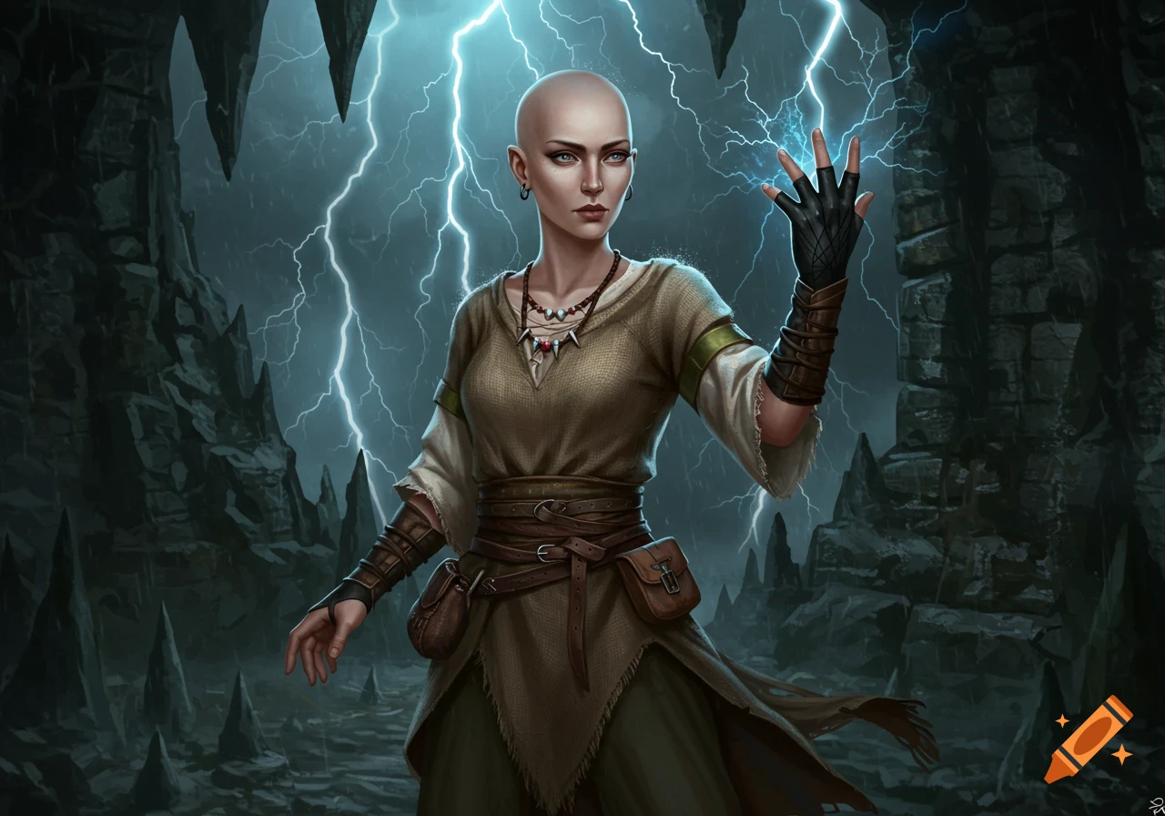 A bald sorceress in a dark cave casts magic, with blue lightning emanating from her gloved hand and striking in the background.