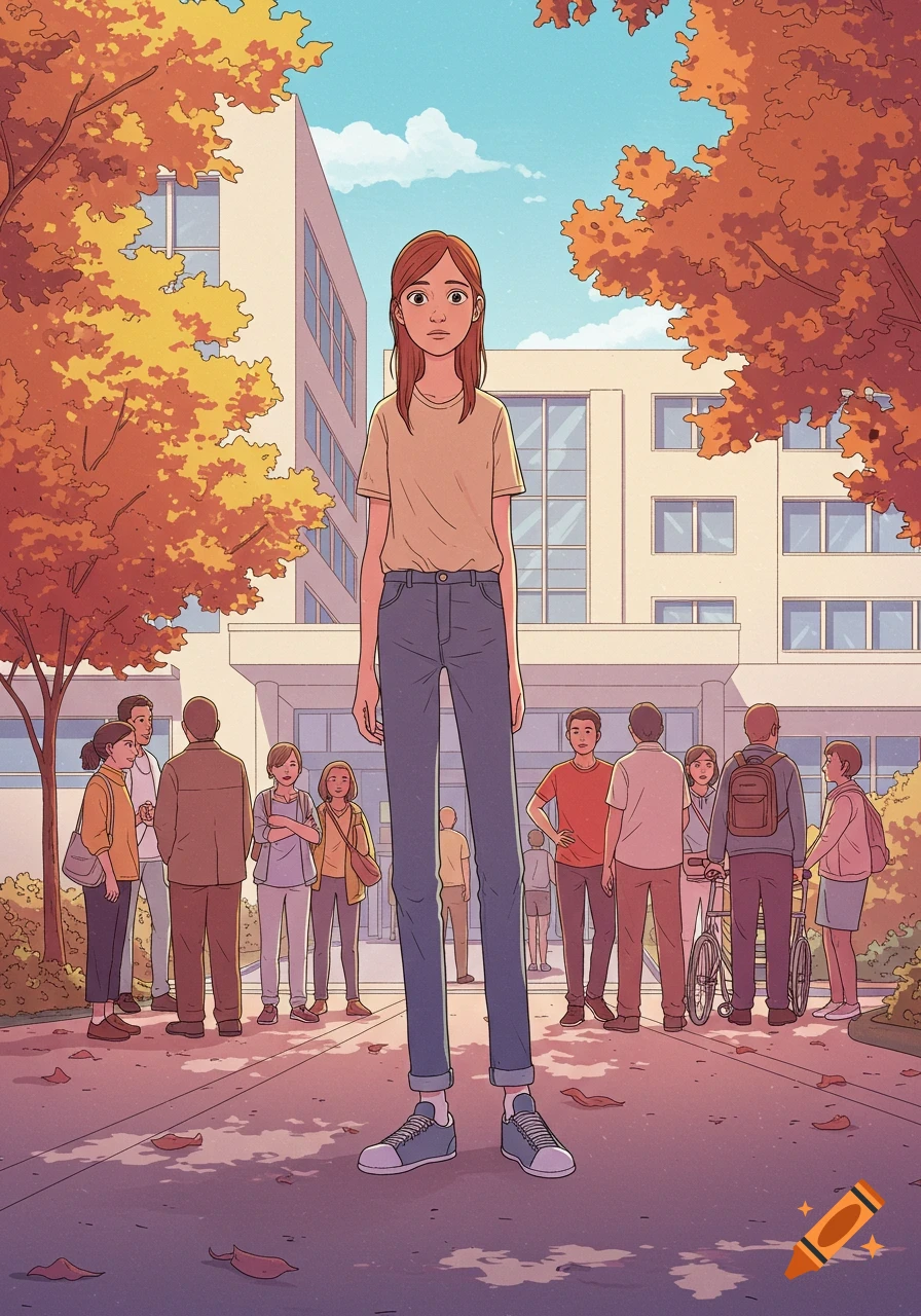 Illustrated young woman stands tall before a school building with autumn trees and other students.