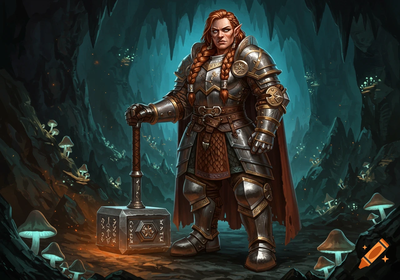 A red-haired dwarven woman in elaborate silver and gold armor stands in a dark cave, holding a large warhammer. Glowing mushrooms are scattered around the cave floor.