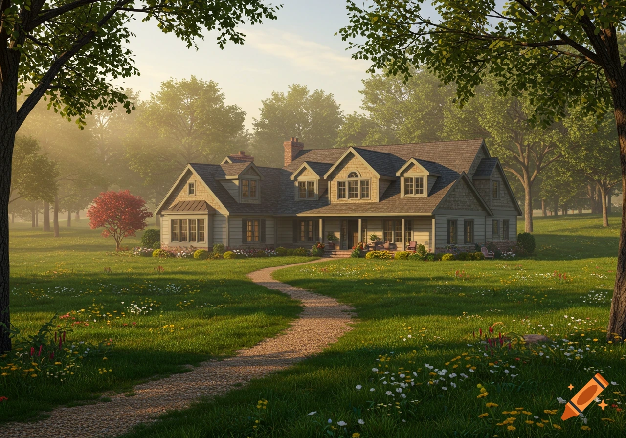 A large, multi-gabled house with a front porch, nestled in a lush green lawn with a winding path, surrounded by trees and wildflowers under a soft, sunny sky.