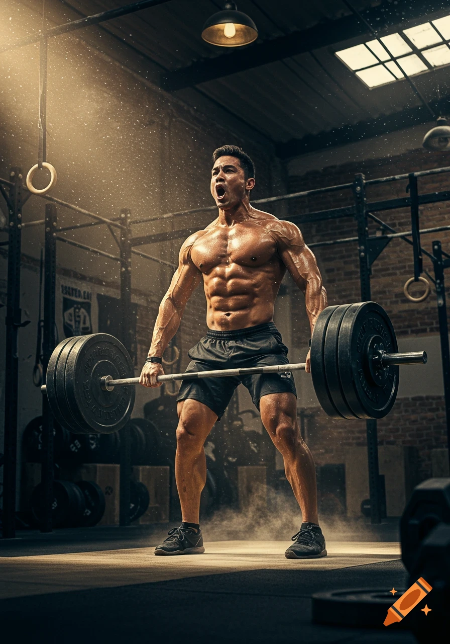 Muscular man with bare torso lifting a heavy barbell in a dusty, dimly lit gym.