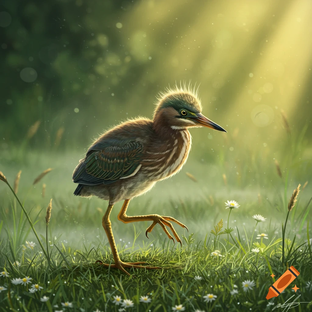 A fluffy fledgling green heron stands in dewy green grass dotted with small white flowers, bathed in dappled sunlight.