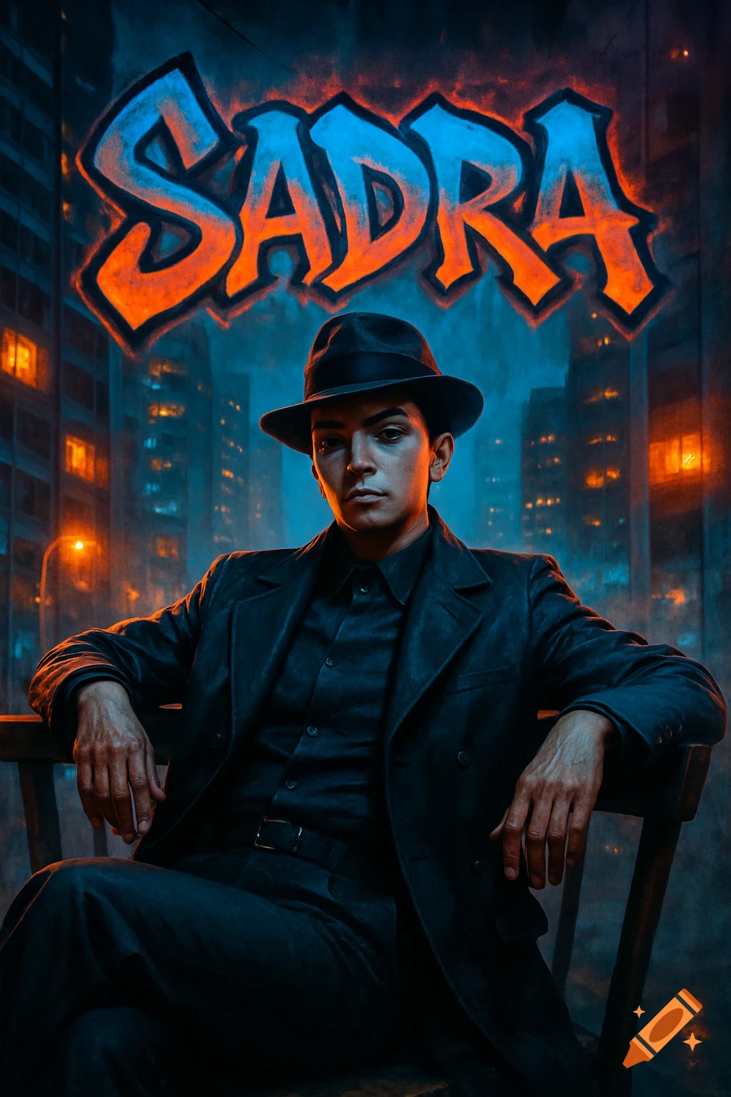 A man in a fedora and trench coat sits relaxed in a moody, neon-lit urban city, with 'SADRA' graffiti above him.
