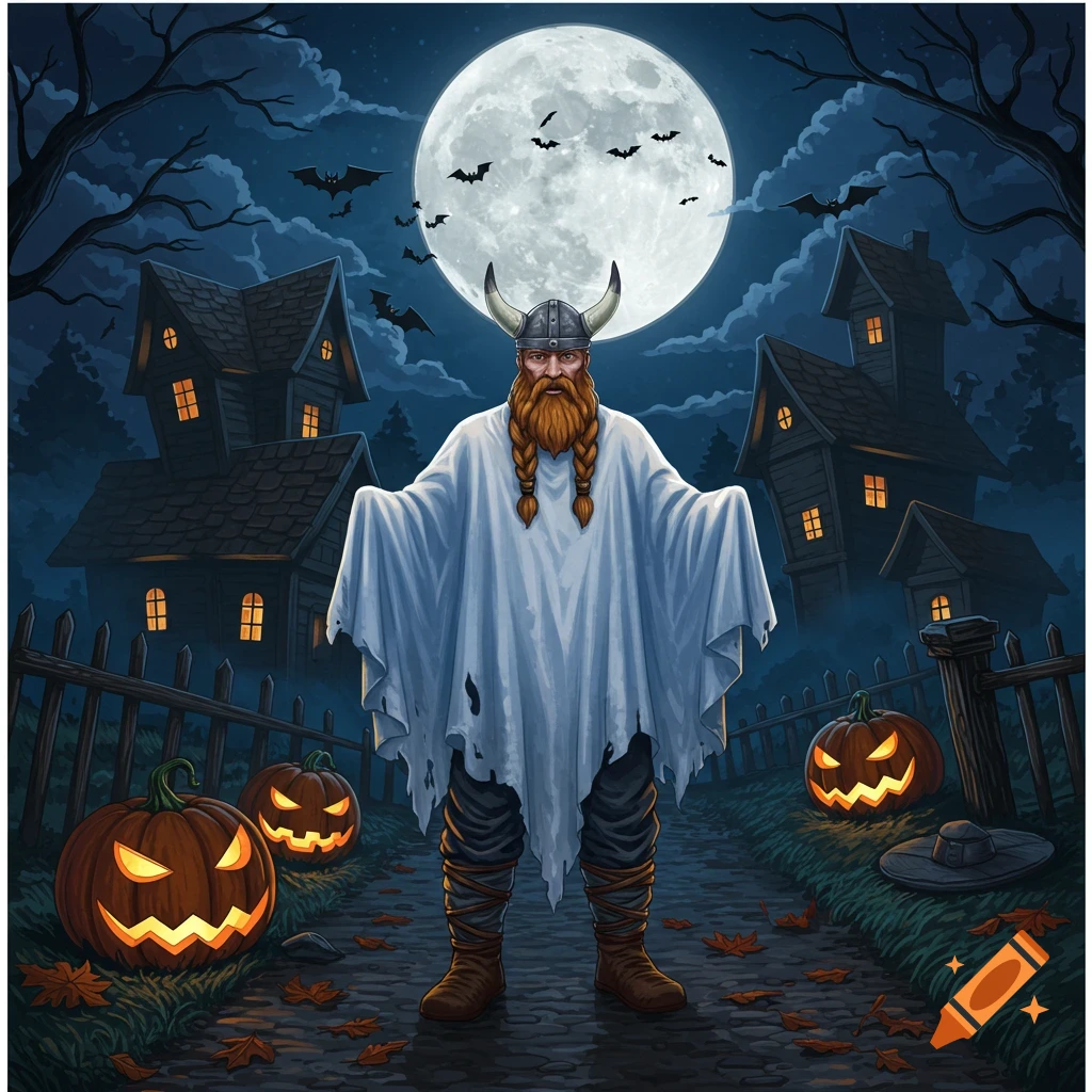 An illustration of a Viking in a ghost costume on a path with glowing jack-o'-lanterns, under a full moon, spooky houses, and bats.