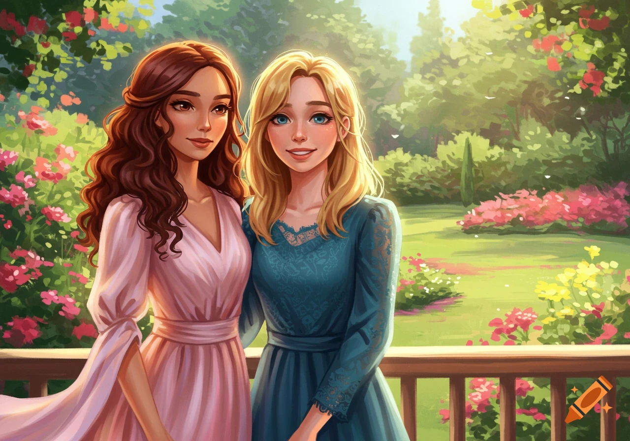 Two young women with brown and blonde hair in elegant dresses stand in a sunny, lush garden. Digital illustration.
