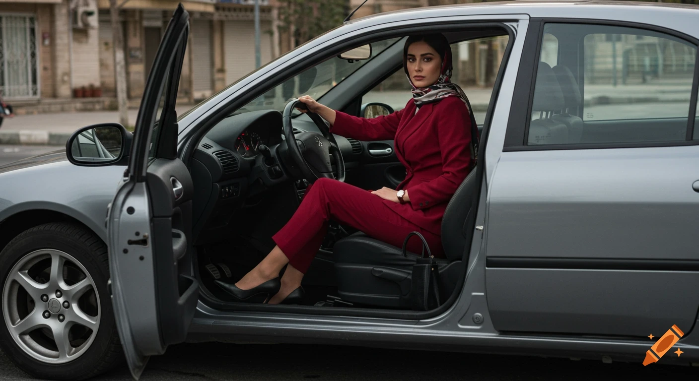 A woman in a red pantsuit and headscarf sits in a silver car with the driver's door open on a city street.