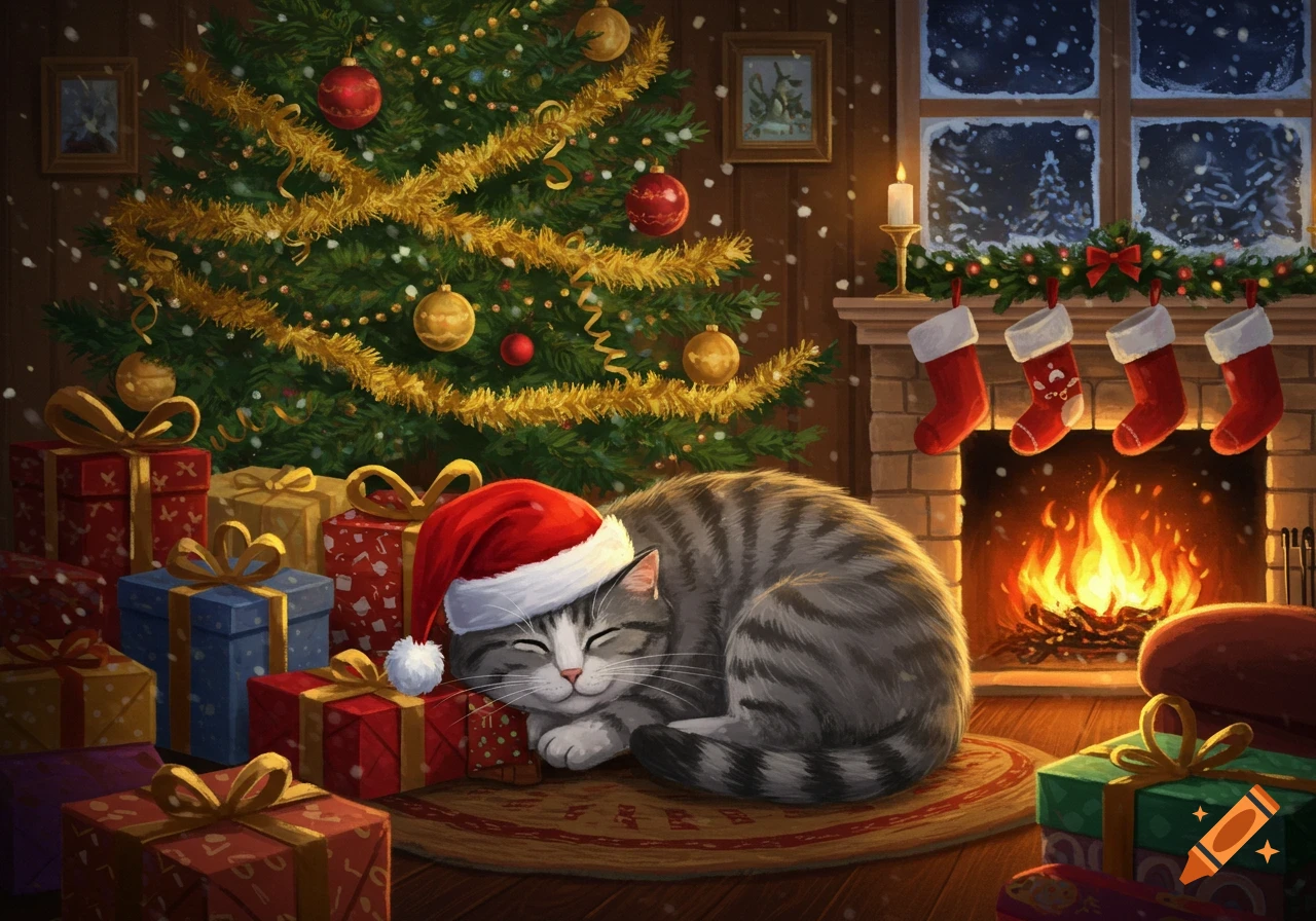 A cute tabby cat wearing a Santa hat sleeps peacefully next to a pile of Christmas presents by a warm fireplace and a decorated Christmas tree. Snow falls outside a window.