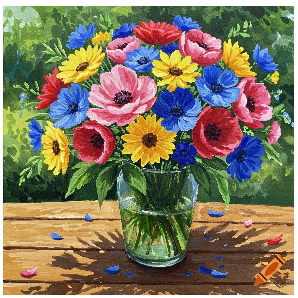 A vibrant gouache painting of a colorful flower bouquet in a glass vase on a wooden table, with fallen petals.