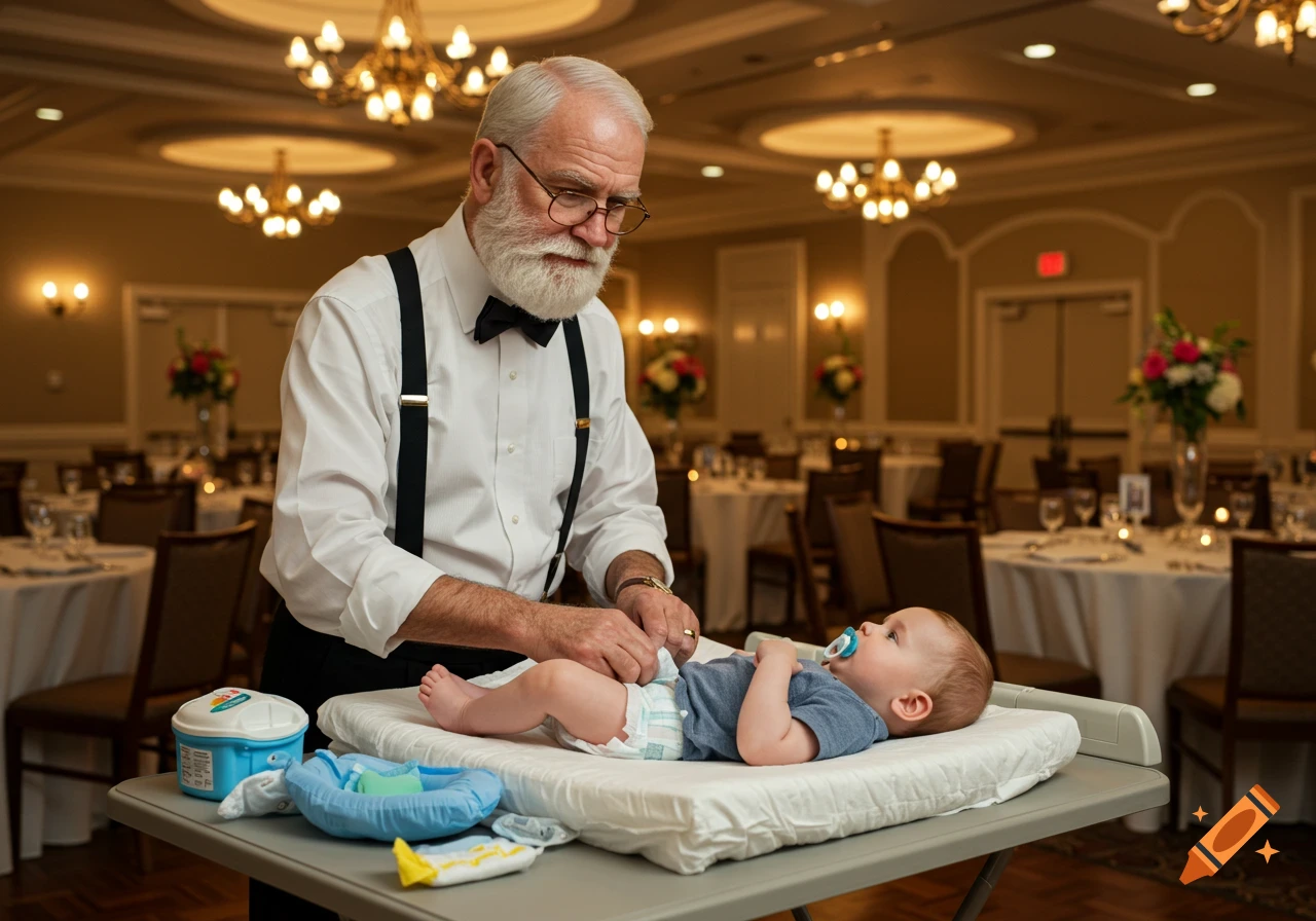 An elderly man in a tuxedo shirt with suspenders changes a baby's diaper on a changing table in a photorealistic banquet hall.