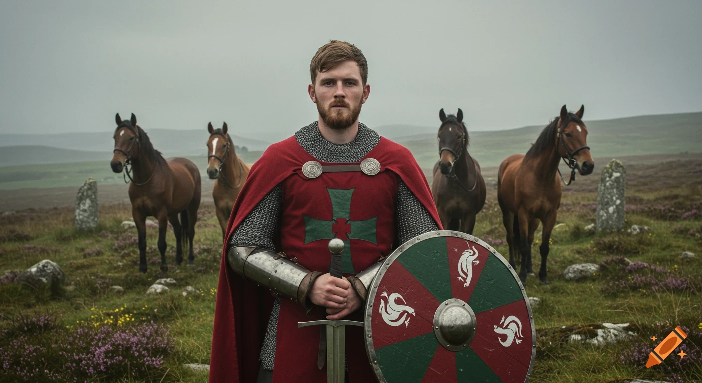A serious knight in chainmail and a red tabard with a green cross, holding a sword and shield, stands in a misty Irish moor with four horses behind him. Photorealistic.