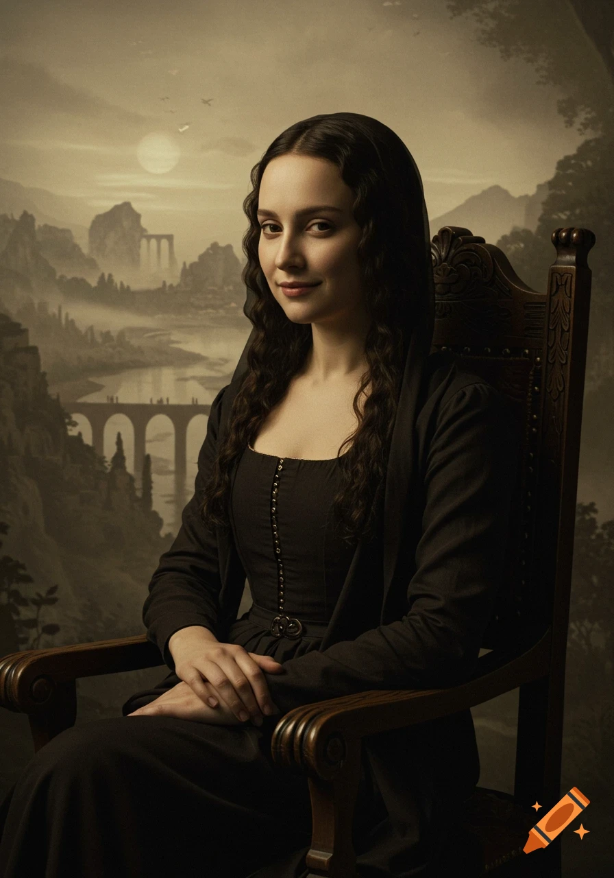 Photorealistic portrait of a woman in a dark dress and veil, seated in a wooden chair against a misty landscape with mountains and bridges.