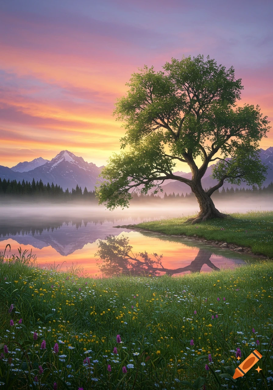 A vibrant sunset over a misty lake, with a large, leafy tree by the shore. Mountains and pine forests are in the background.