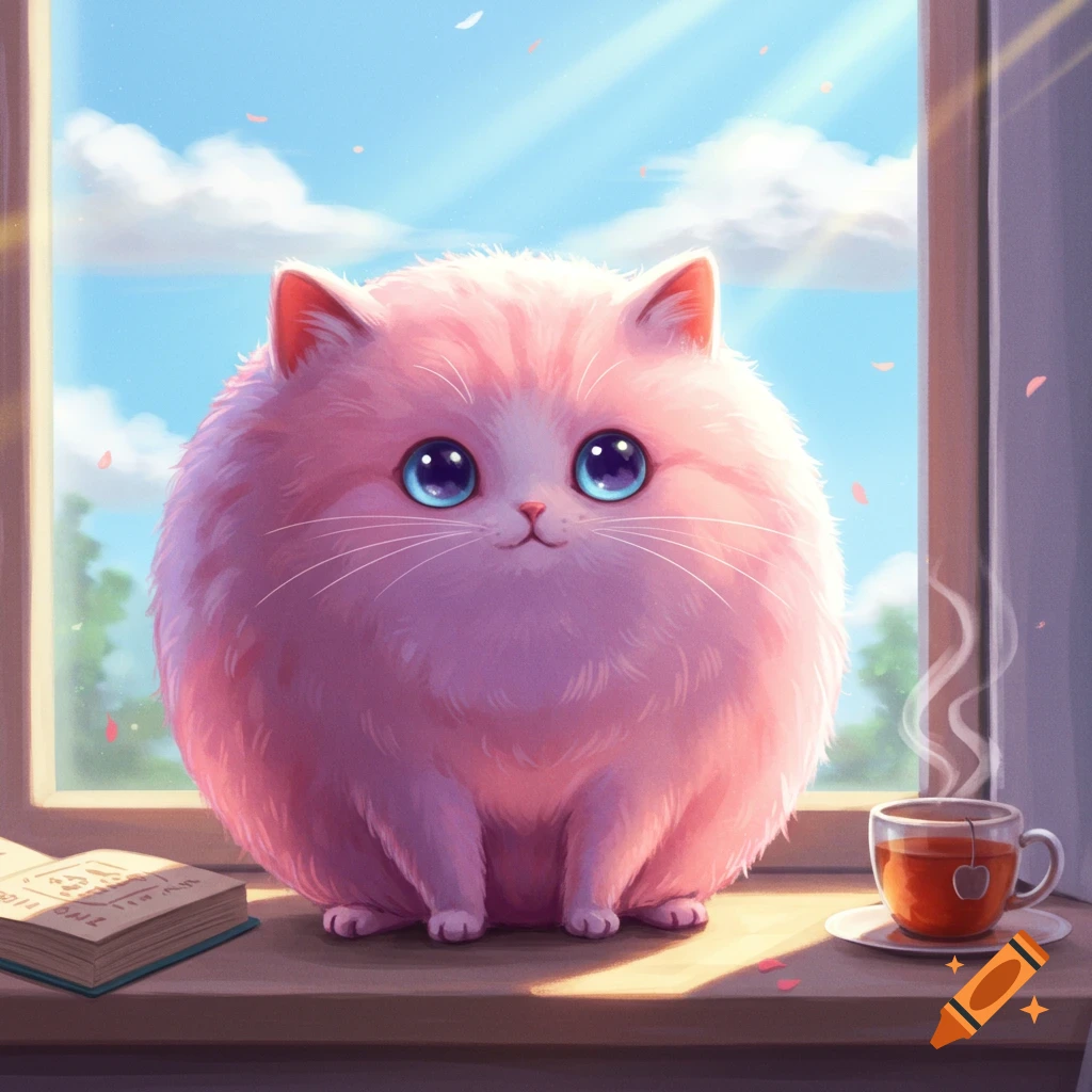 A spherical, fluffy pink cat with big blue eyes sits on a windowsill next to a book and a steaming teacup.