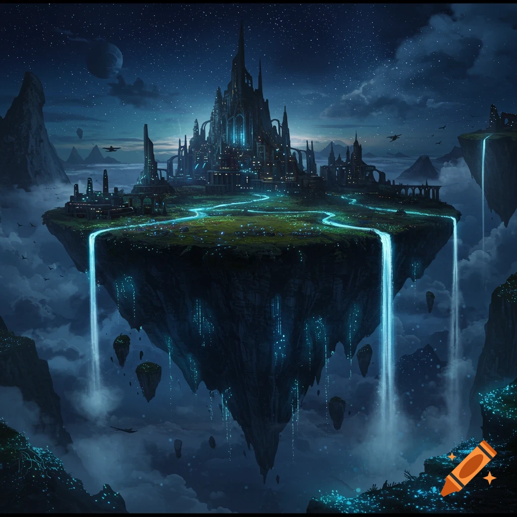 A majestic futuristic fantasy city built on a floating island, illuminated at night with glowing blue waterways and waterfalls cascading into clouds below.