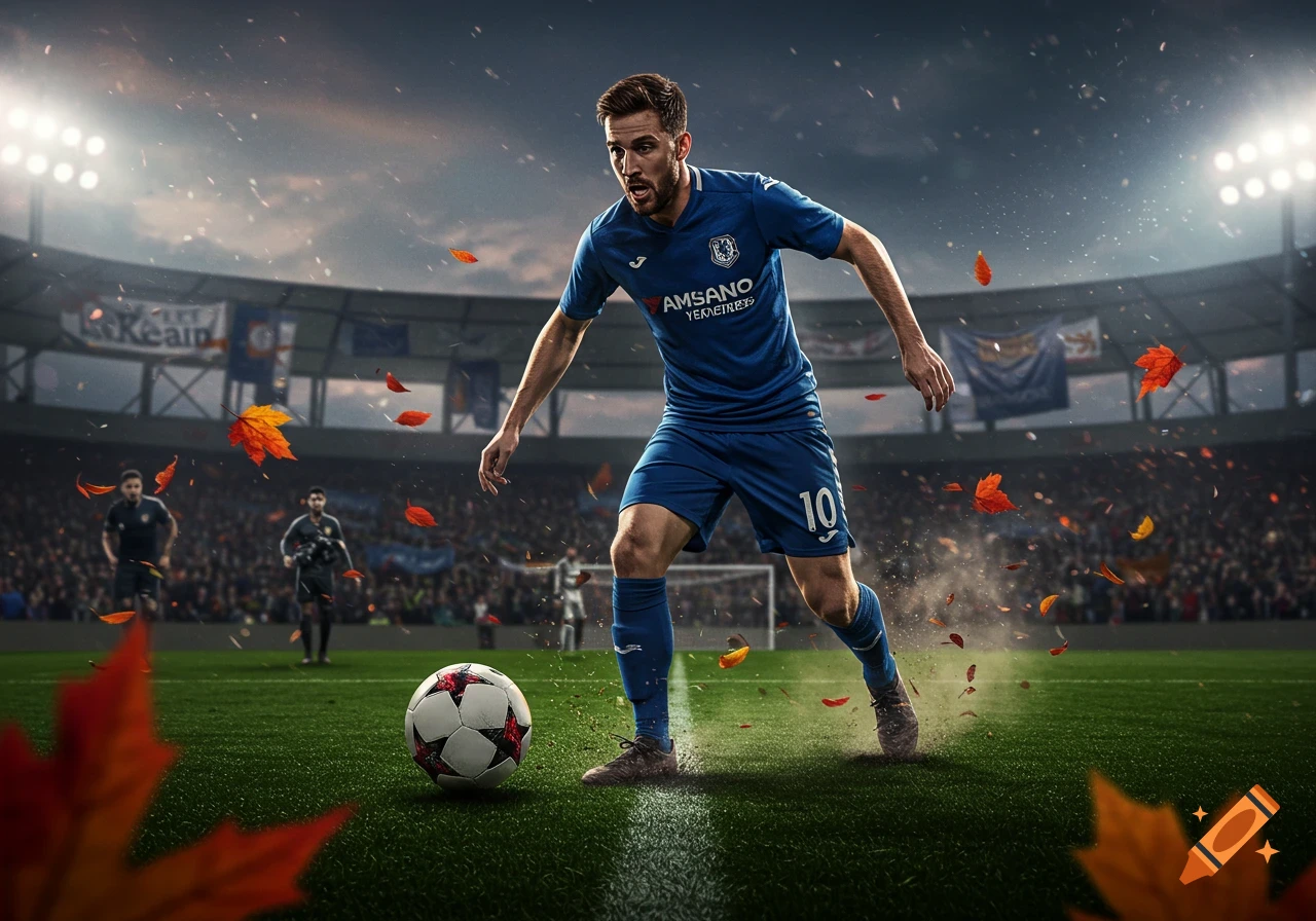 Photorealistic soccer player in blue jersey dribbling ball on a field in a stadium with autumn leaves falling.