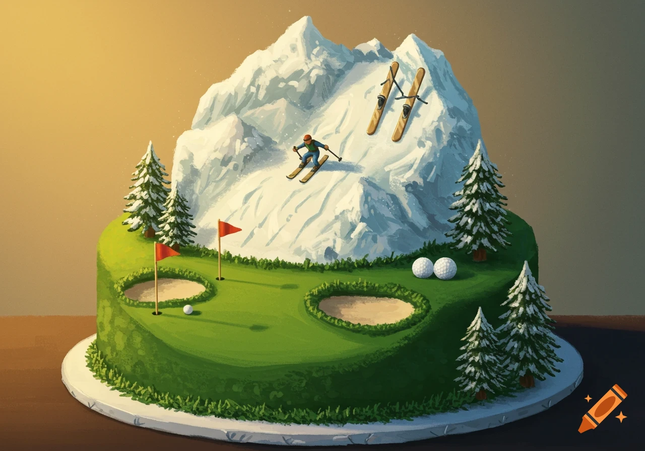 An illustrative two-tier cake. The bottom tier is a golf course with flags and bunkers, the top is a snowy mountain with a skier and skis.
