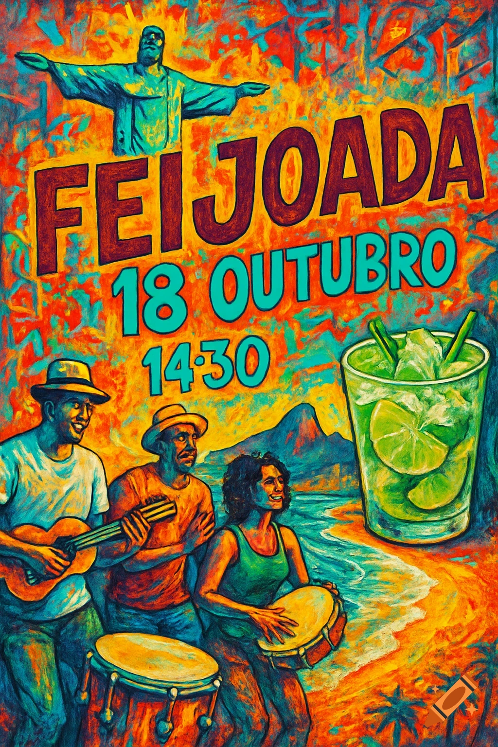 Colorful street art poster for a Feijoada event, showing Christ the Redeemer, samba musicians, a caipirinha, and Ipanema beach.