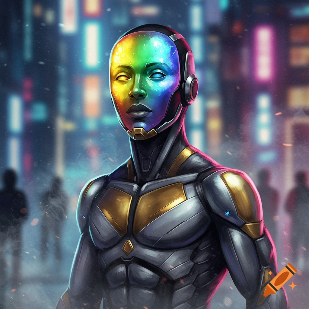 A futuristic cyborg with a rainbow-colored face and metallic armor stands in a neon-lit city.