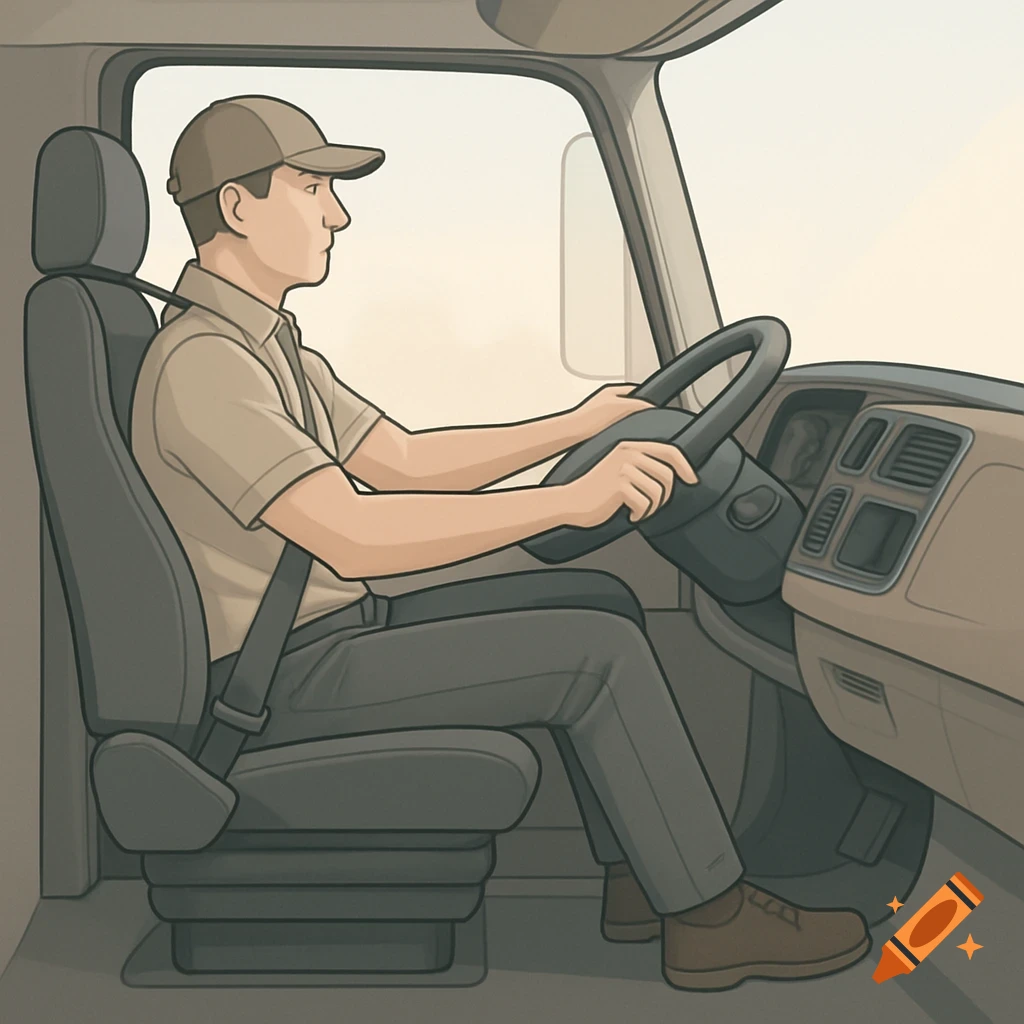 Simple illustration of a man wearing a cap and seatbelt, sitting with correct ergonomic posture while driving a truck.
