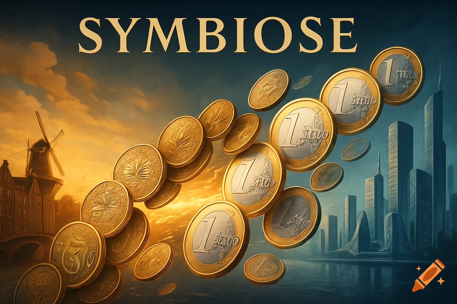 Gold and silver coins, including Euros, arc across a sky, connecting a traditional Dutch landscape with a modern city skyline under the word 'SYMBIOSE'.