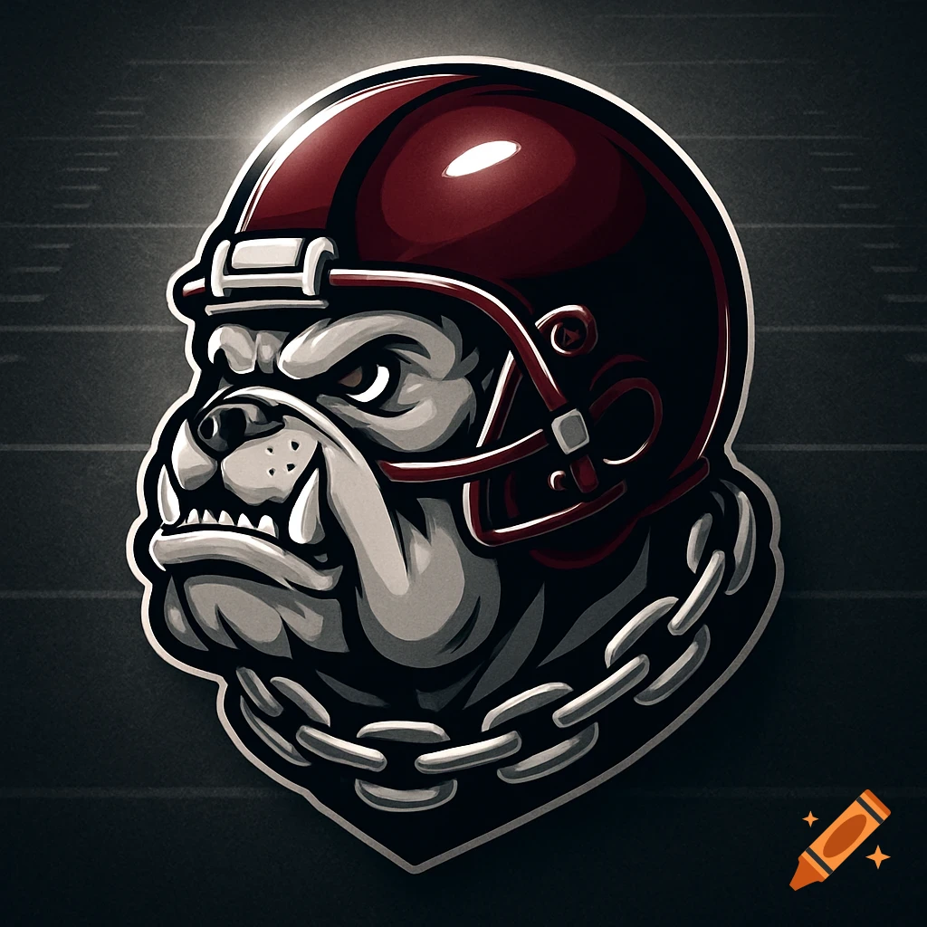 Stylized bulldog mascot wearing a maroon football helmet and chain collar against a dark, field-like background.