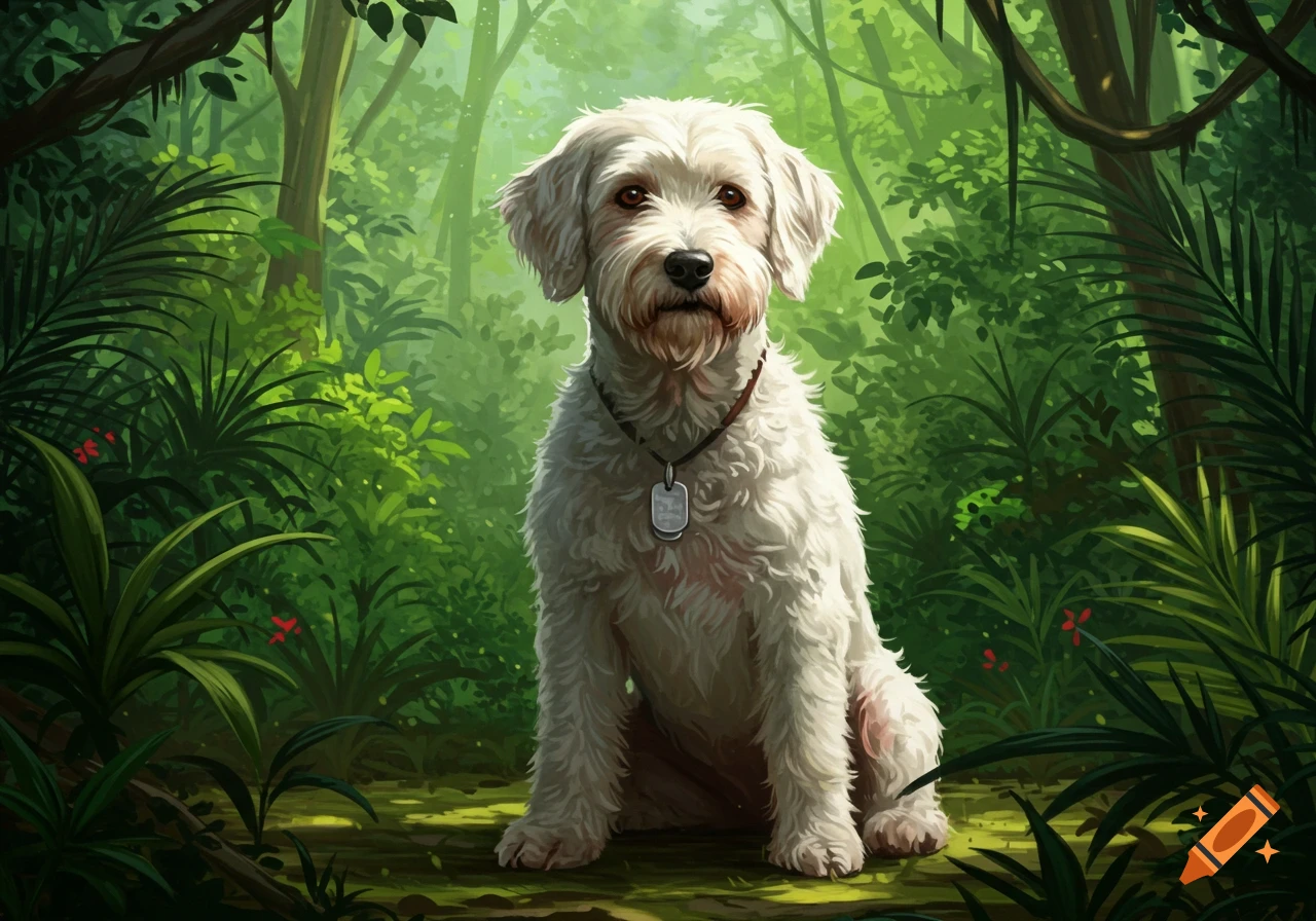 A fluffy white dog with a collar and dog tag sits in a lush green jungle. Illustrated style.