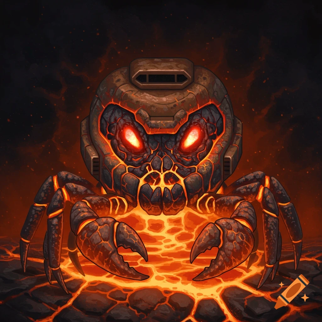 A stylized creature with a helmet-like head and crab-like body, made of glowing molten rock, against a dark, fiery background.