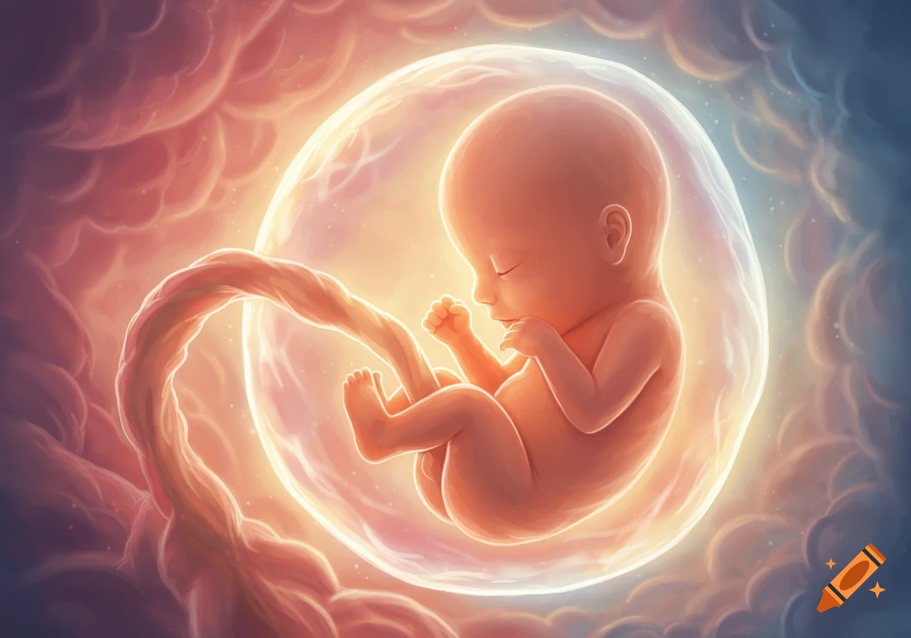 Stylized illustration of a human embryo floating within a glowing amniotic sac against a warm, cloudy background.