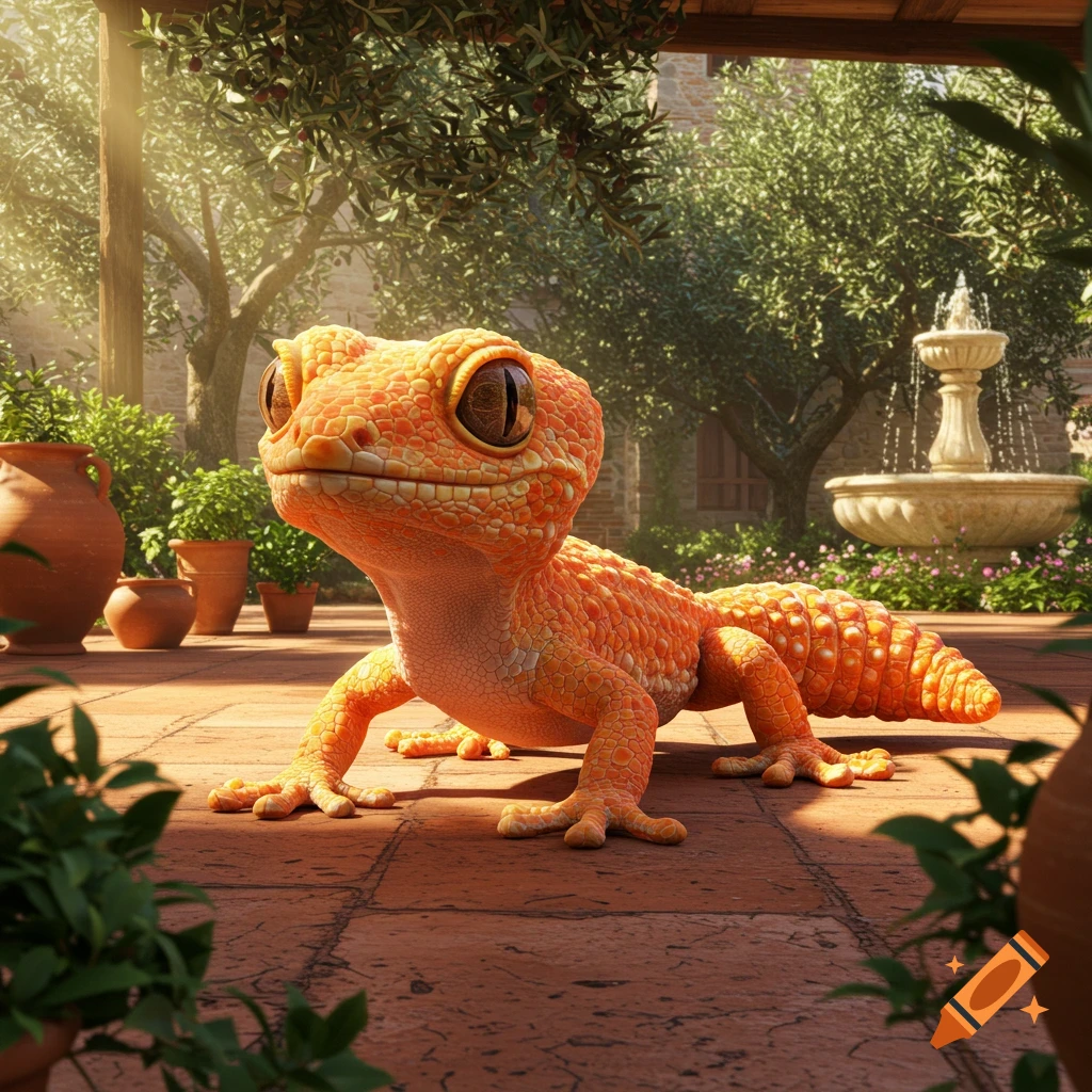 A stylized orange gecko with a tangerine-textured body sits on red tiles in a sunny, lush garden with a fountain.