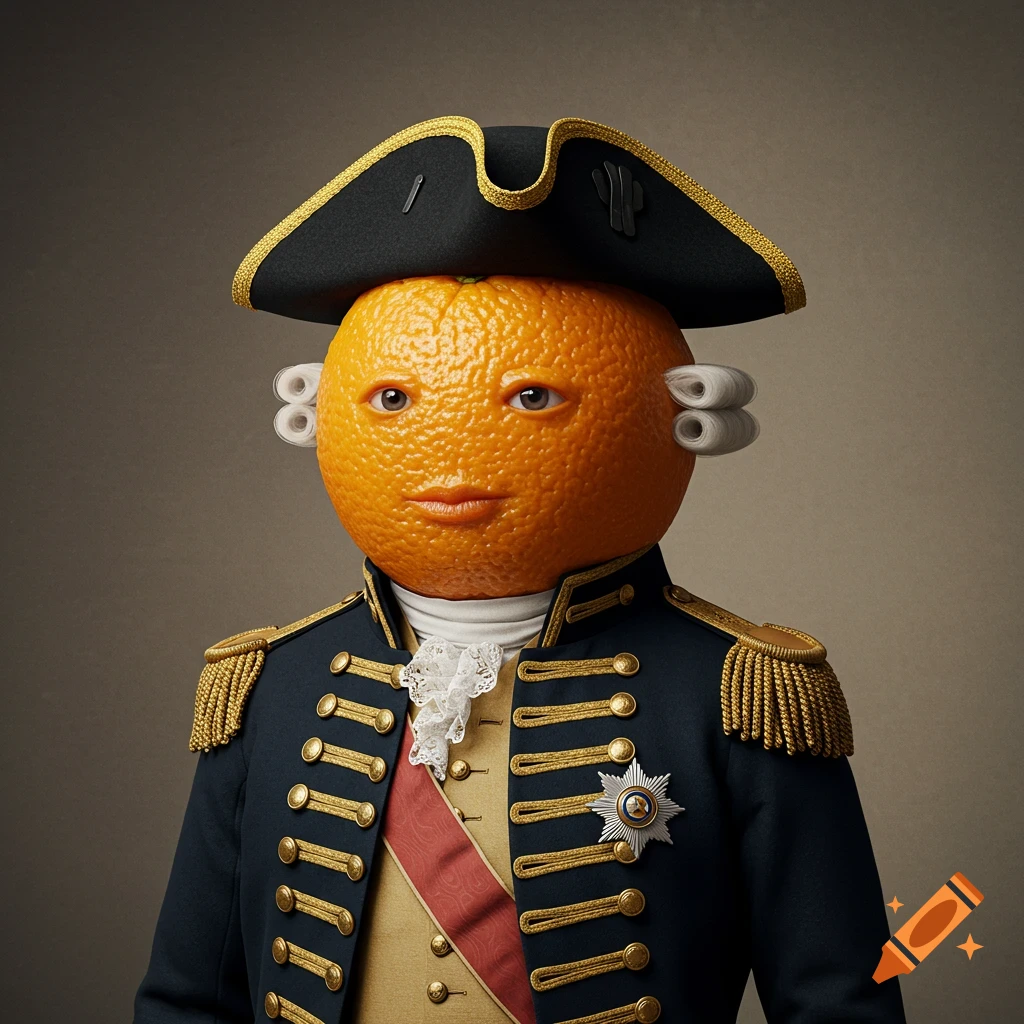 Photorealistic portrait of a navel orange with human eyes and mouth, wearing a blue and gold British commander's uniform with a bicorne hat and white wig.