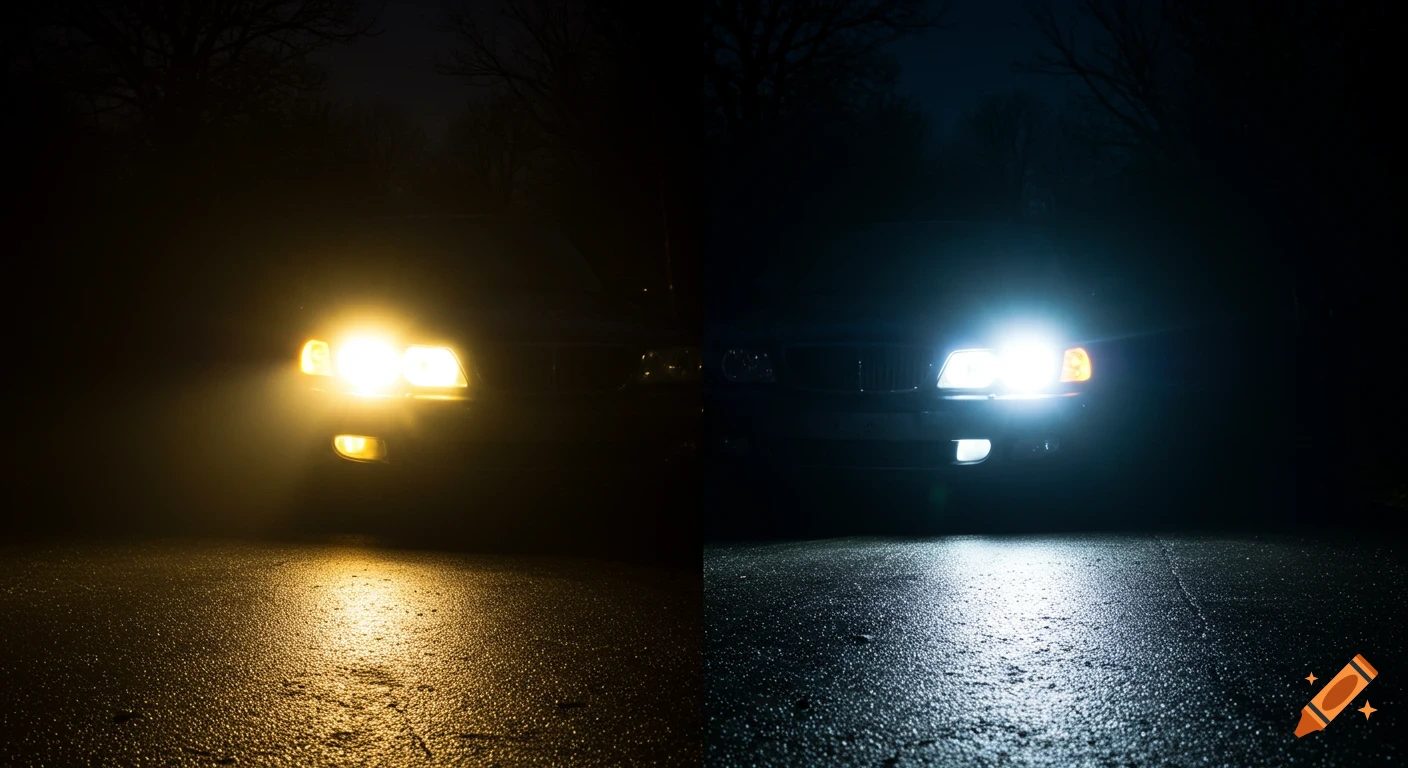 Split-screen comparison of car headlights at night. Left: dim yellow, foggy. Right: bright white, clear.