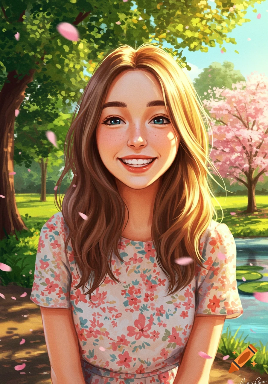 Smiling cartoon woman with long brown hair and freckles in a floral shirt, in a sunny park with cherry blossoms.