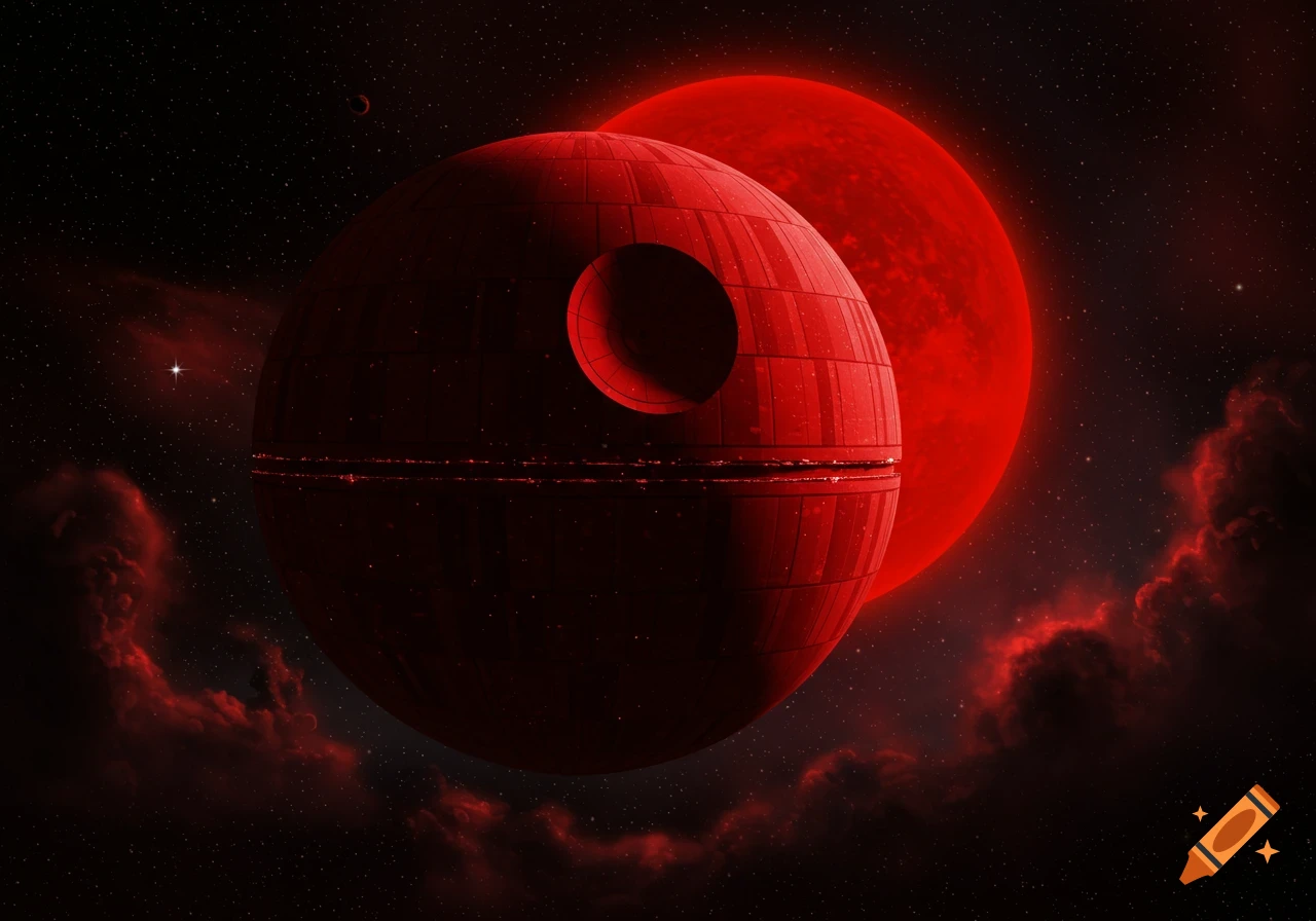 A red, spherical space station with a large crater and trench floats in dark space, illuminated by a red giant star and red nebula.