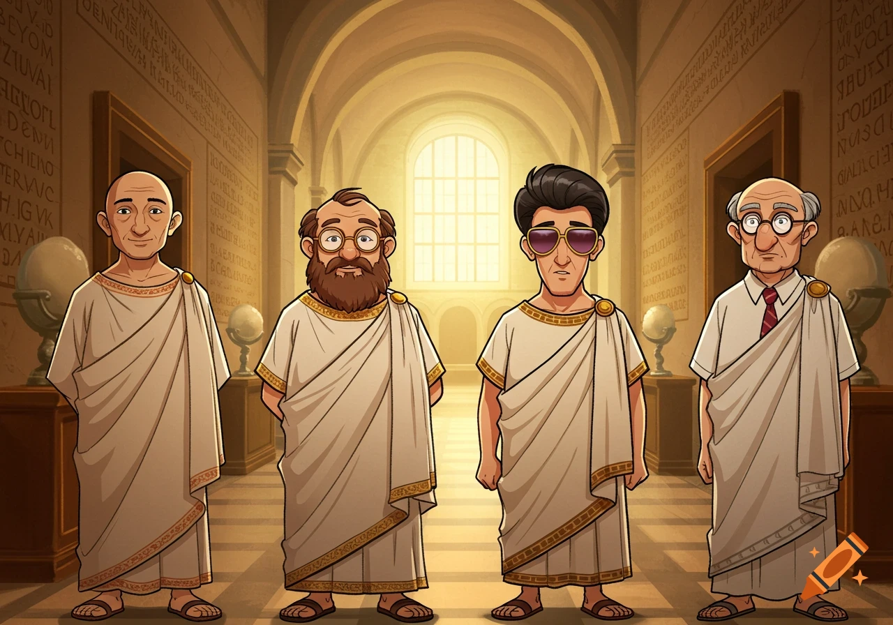 Four cartoon men in white togas stand in a bright Roman-style hall with ancient inscriptions on the walls.