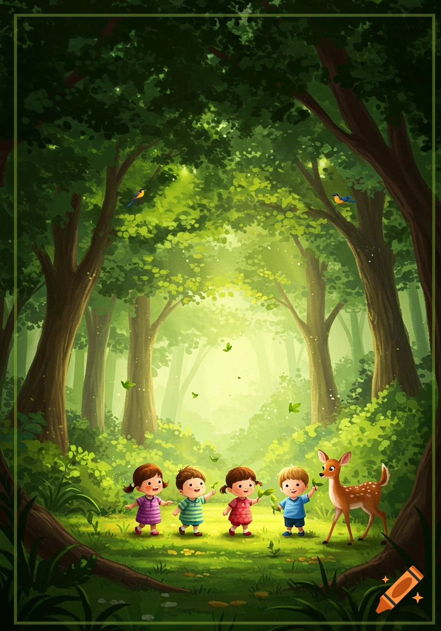 Four cartoon children walk with a deer in a sunlit, vibrant green forest, holding leaves.