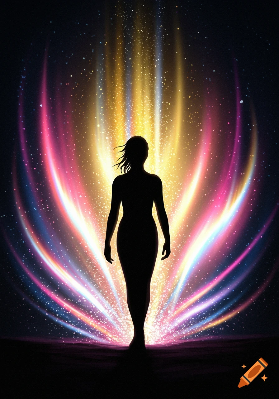 Silhouette of a person standing against a vibrant background of glowing pink, yellow, and blue light rays with sparkling particles.
