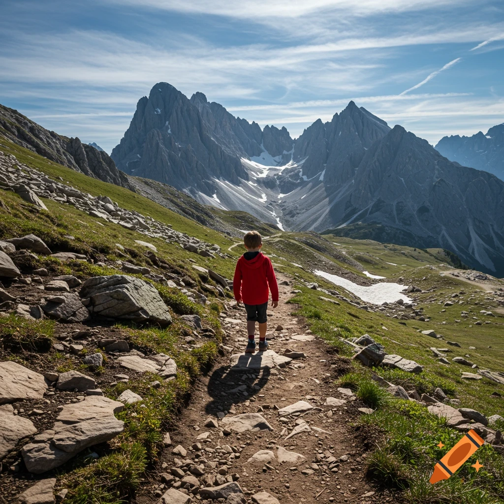 A child in a red jacket walks on a rocky path up a mountain, with majestic, snow-capped peaks in the background under a blue sky.