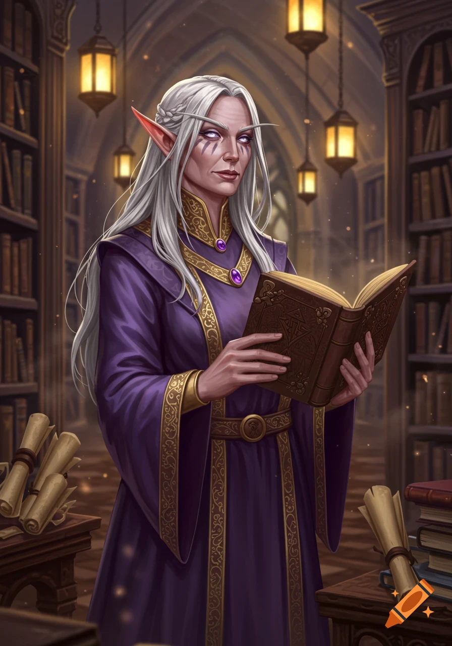 Elegant older female elf with white hair and purple robes reads an open book in a dimly lit library.