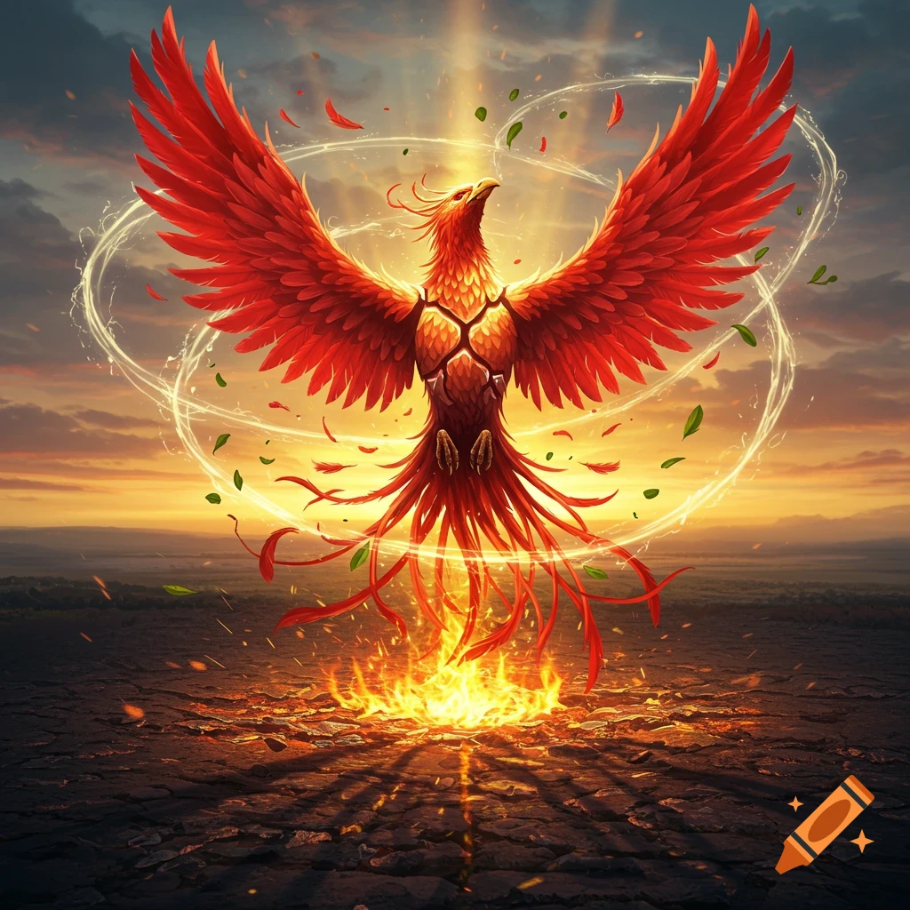 Majestic red phoenix rising from flames, wings spread wide, against a glowing sunset sky in a fantasy art style.
