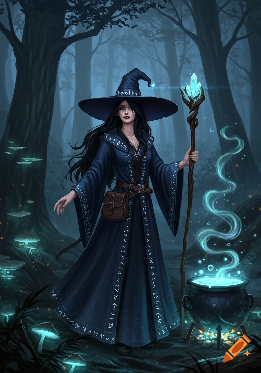 A dark-haired witch in a blue robe and pointed hat stands in a mystical forest, holding a crystal staff and stirring a glowing cauldron with bioluminescent mushrooms nearby. Fantasy art style.