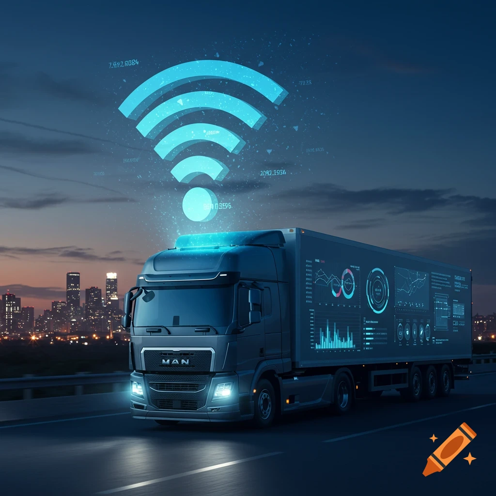 A dark gray semi-truck with glowing blue digital displays on its trailer drives on a road at dusk, with a large glowing Wi-Fi symbol above it. A city skyline is in the background.