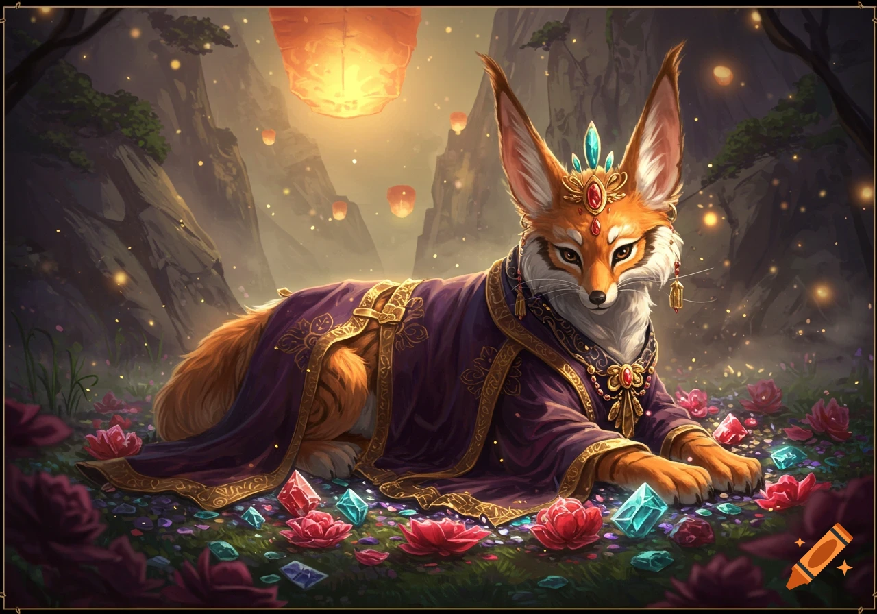 A fantasy fox in a regal purple robe lies among red flowers and crystals under glowing lanterns in a magical forest.