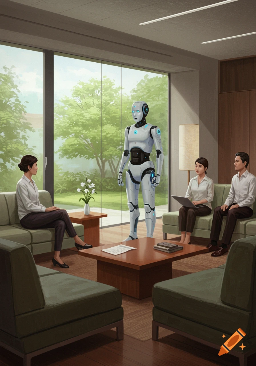 A white humanoid robot stands in a modern room with large windows, interacting with three people seated on sofas.