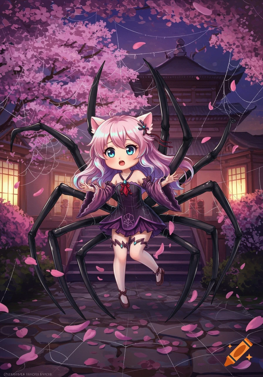 Chibi anime girl with pink hair, cat ears, and black spider legs stands in a cherry blossom garden with a traditional Japanese building.