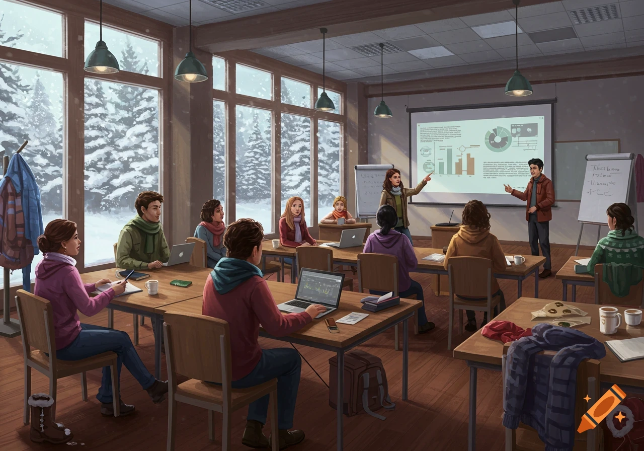 University students present research in a winter conference room with snow-covered trees. People are seated at tables with laptops, some presenting.